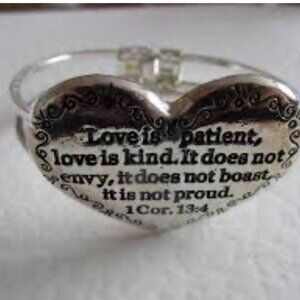 Vintage Silver Bangle Cuff Bracelet Heart with 1 Corinthians 13:4 Love Verse